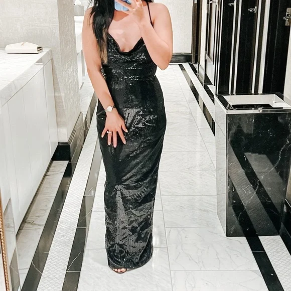 Naanaa Dresses | Naanaa ASOS Black Cowl Neck Sequin Maxi Dress Gown | Color: Black | Size: 4 | Lathuysha's Closet Naanaa Dresses | Naanaa ASOS Black Cowl Neck Sequin Maxi Dress Gown | Color: Black | Size: 4 | Lathuysha's Closet